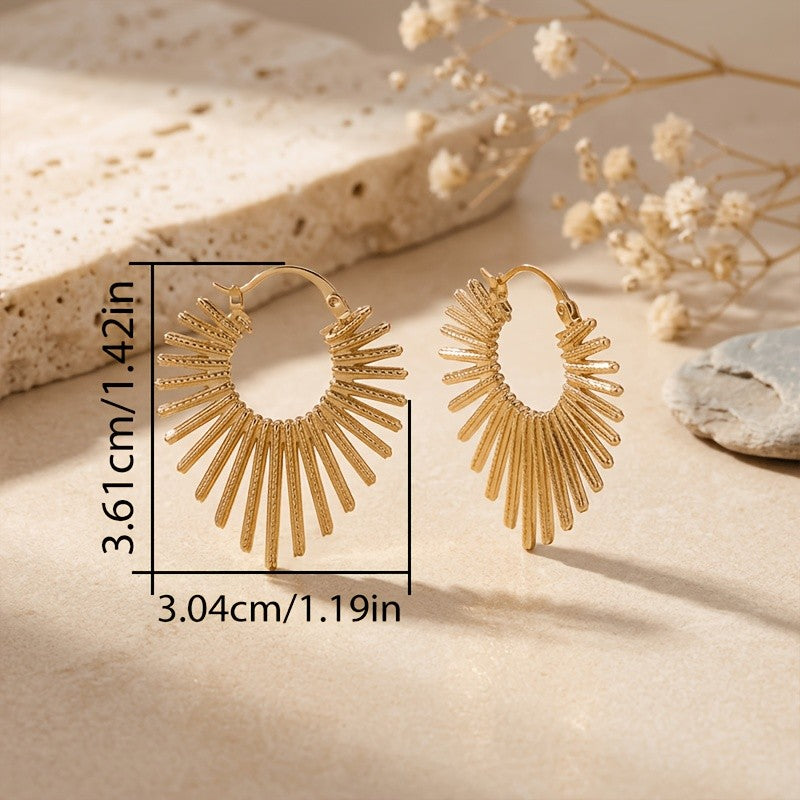 14k Elegant Sunburst Ray Hoop Earrings