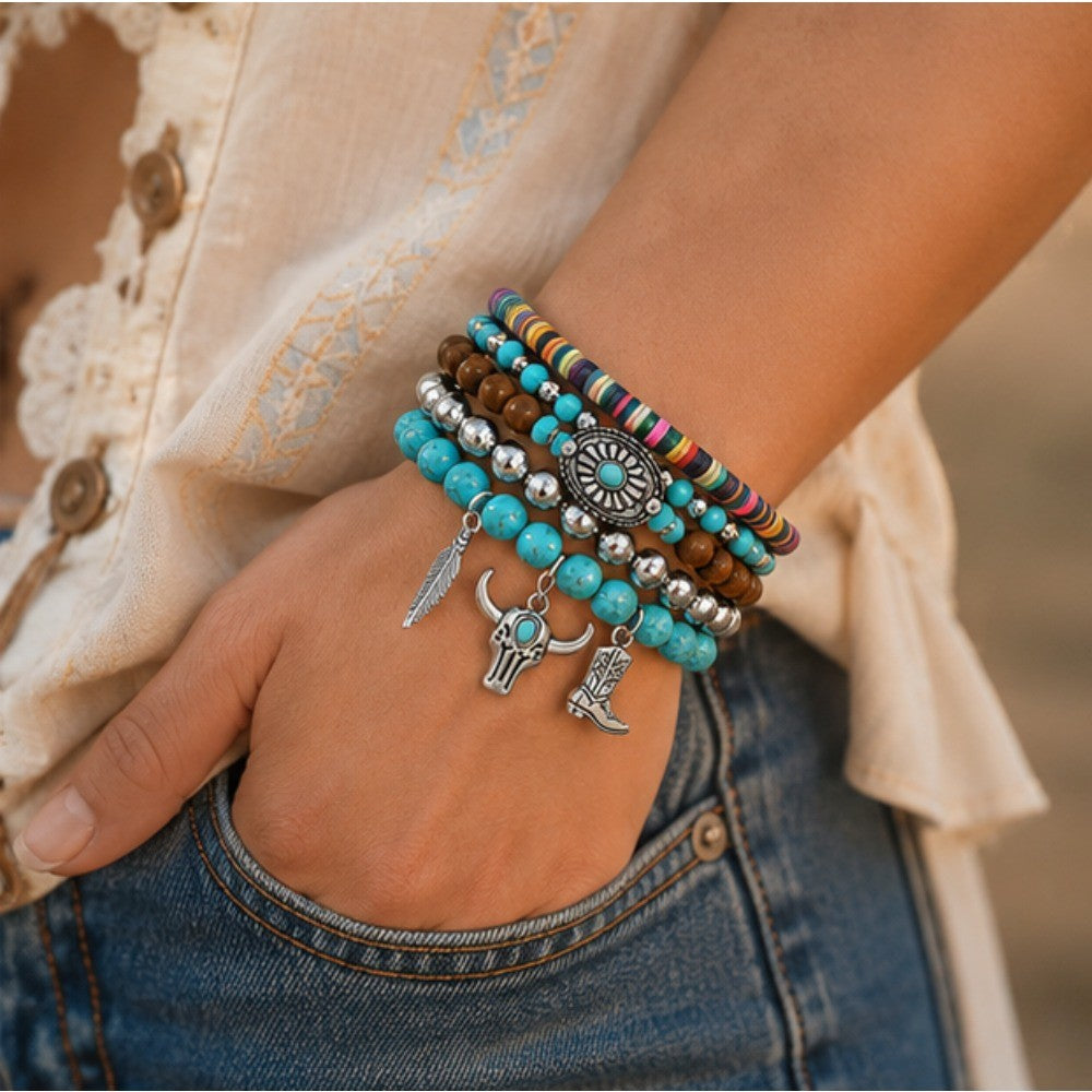8pc Boho Turquoise Bull Head Necklace & Bracelet Set