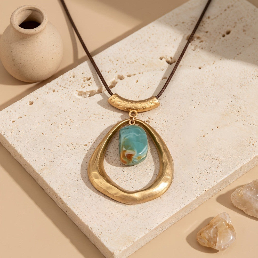 Boho Teal Resin Drop Cord Necklace