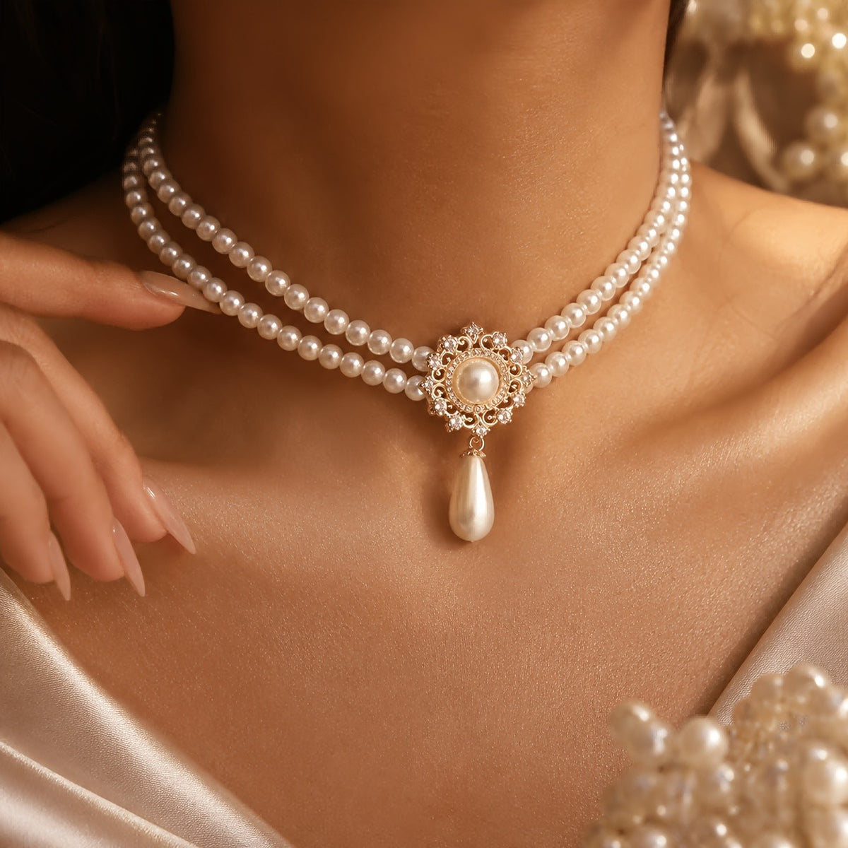 Elegant Vintage Pearl Drop Choker Necklace