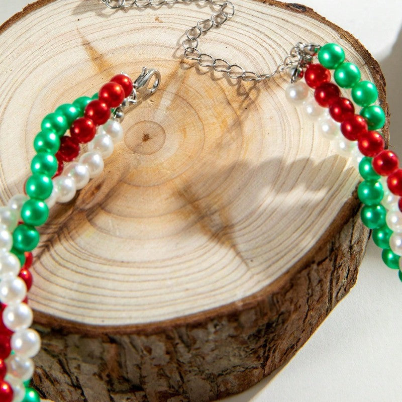 Festive Red Green Faux Pearl Layered Necklace
