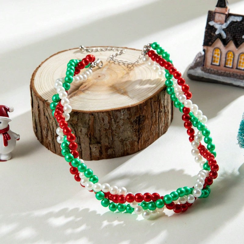 Festive Red Green Faux Pearl Layered Necklace