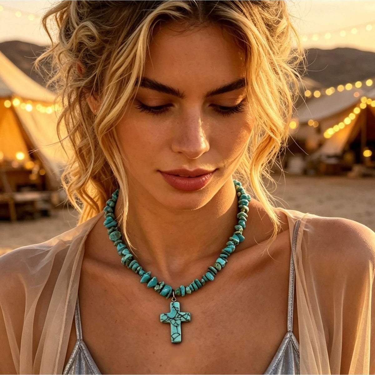 Boho Turquoise Cross Beaded Necklace
