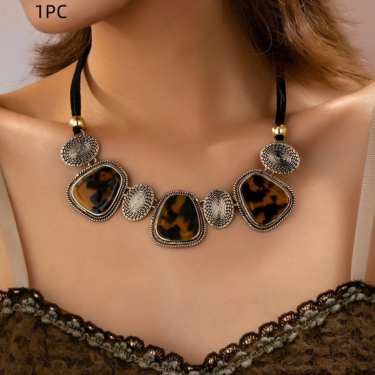 14k Boho Leopard Print Statement Necklace