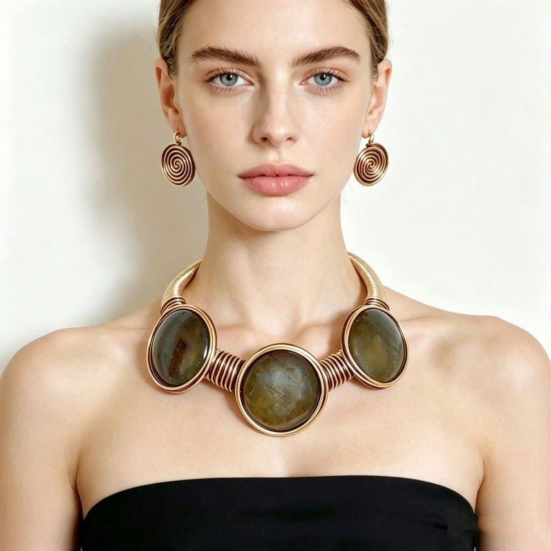 Boho Swirl Agate Collar Necklace & Earring Set