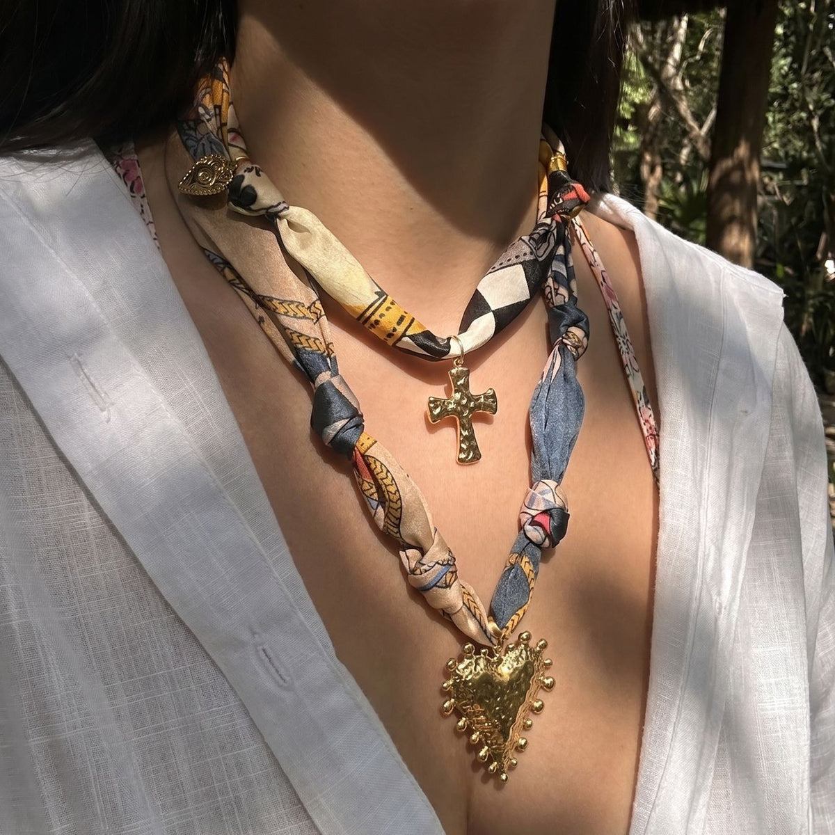 Boho Floral Scarf Sun & Heart Necklace