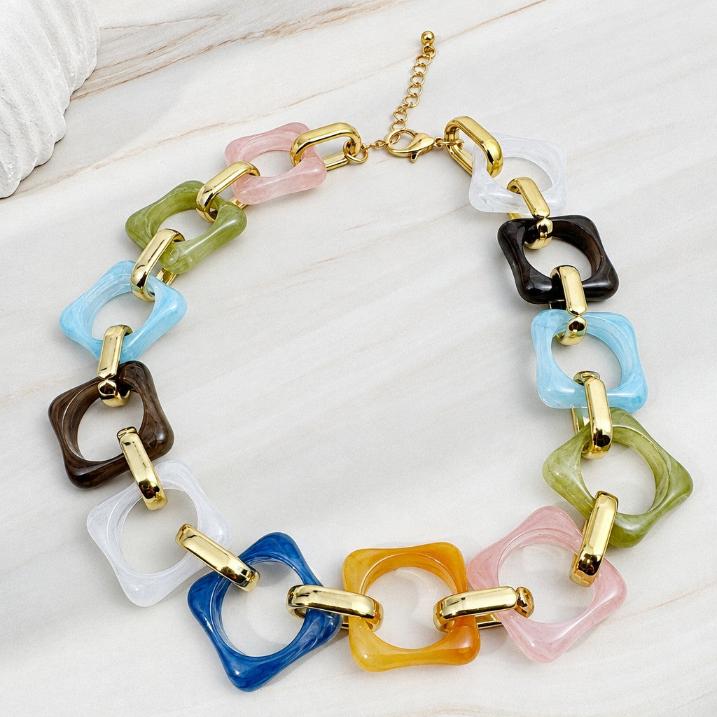 Boho Multi-Color Acrylic Square Link Necklace