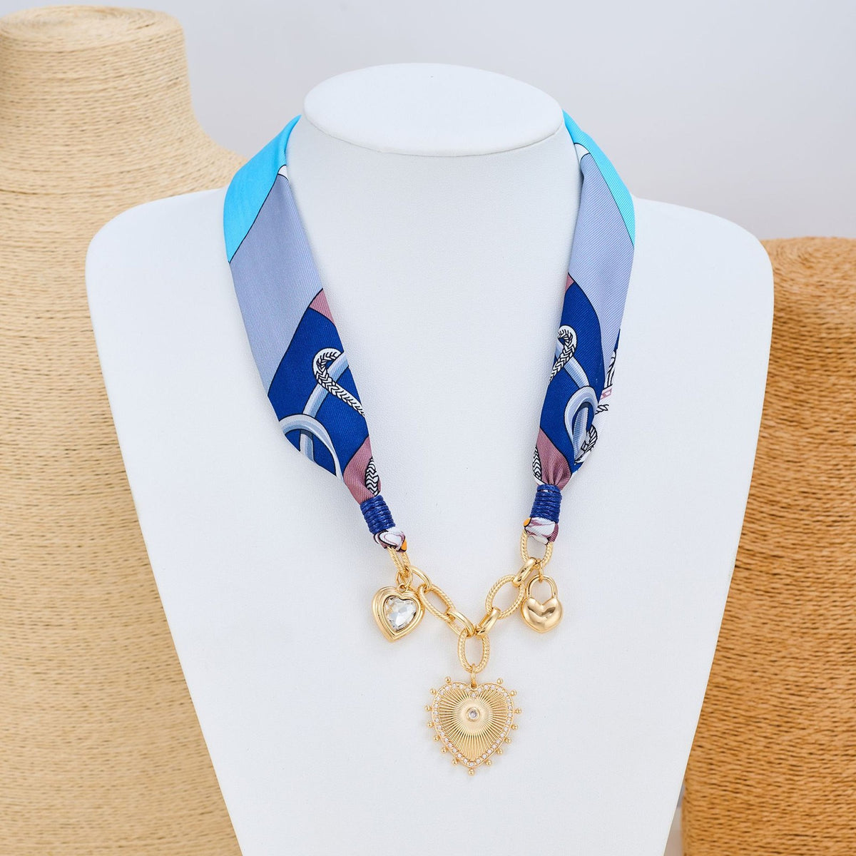 Boho Printed Scarf Heart Charm Necklace