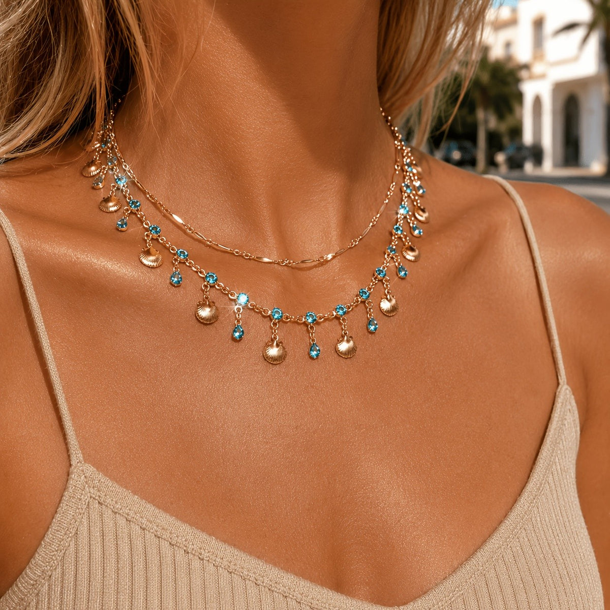 Boho Blue Stone Shell Necklace