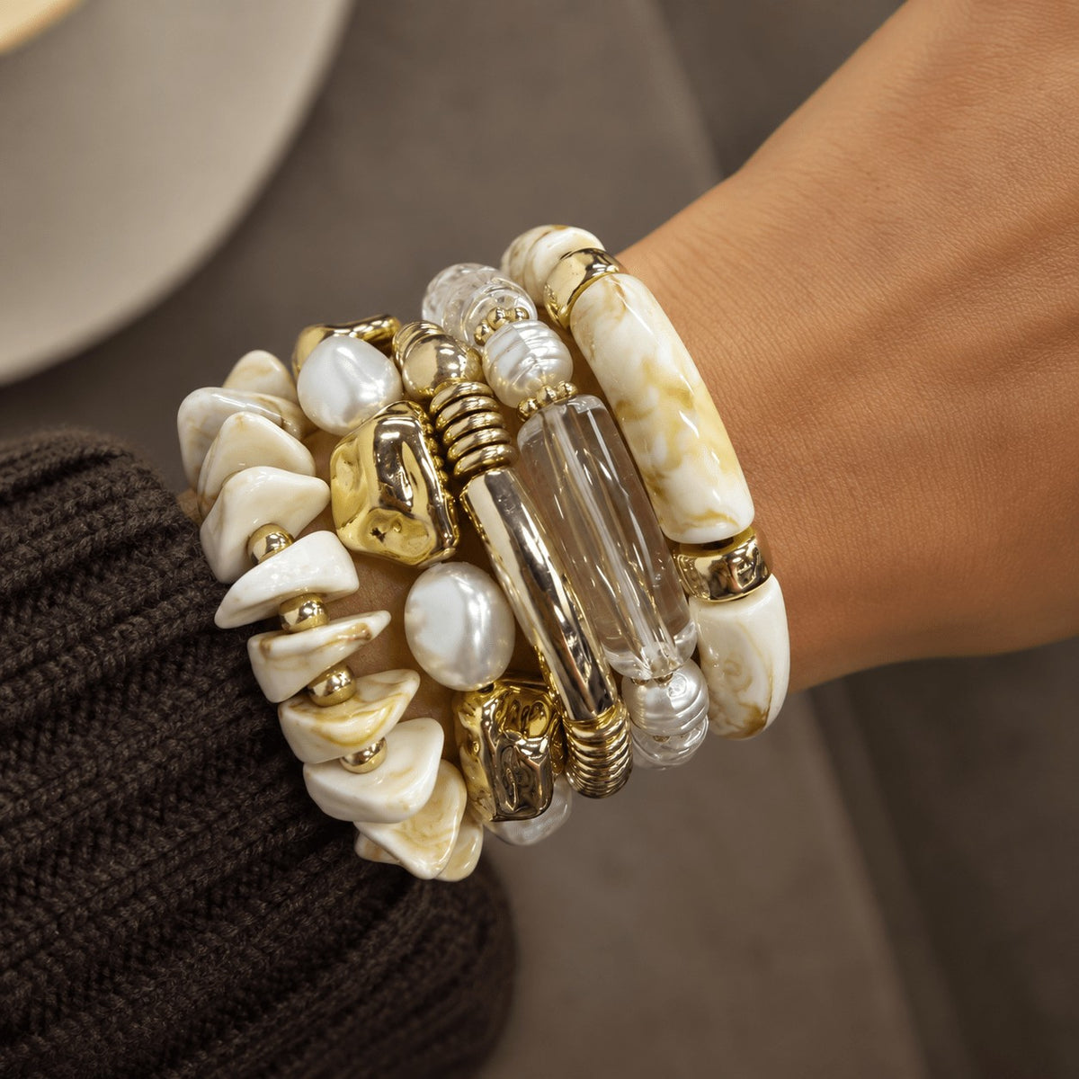 5pc Boho Faux Pearl Stackable Bracelet Set