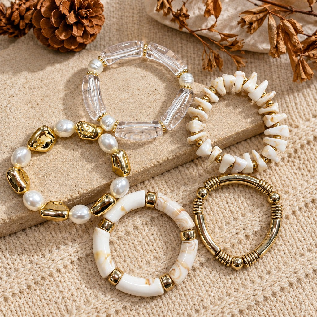 5pc Boho Faux Pearl Stackable Bracelet Set