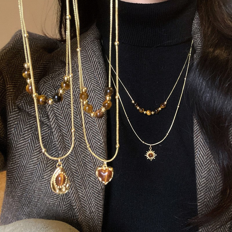 Vintage Amber Bead Layered Necklace Set