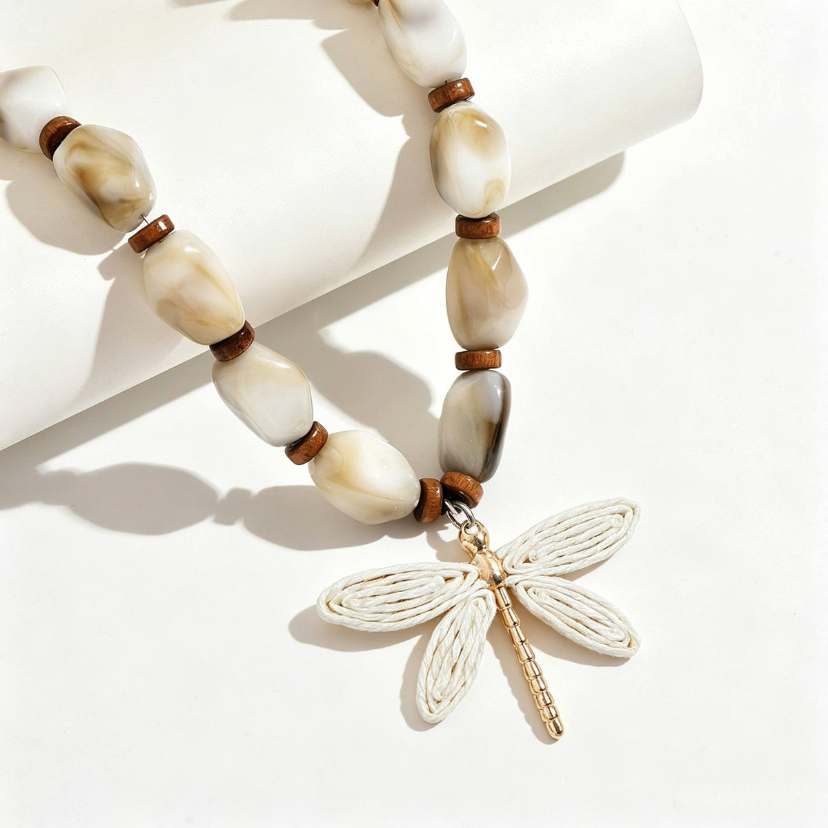 Boho Cream Resin Bead Dragonfly Necklace