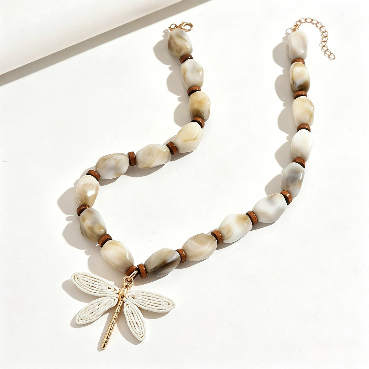 Boho Cream Resin Bead Dragonfly Necklace