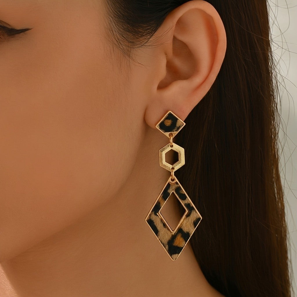 Leopard Print Geometric Hexagon Drop Earrings
