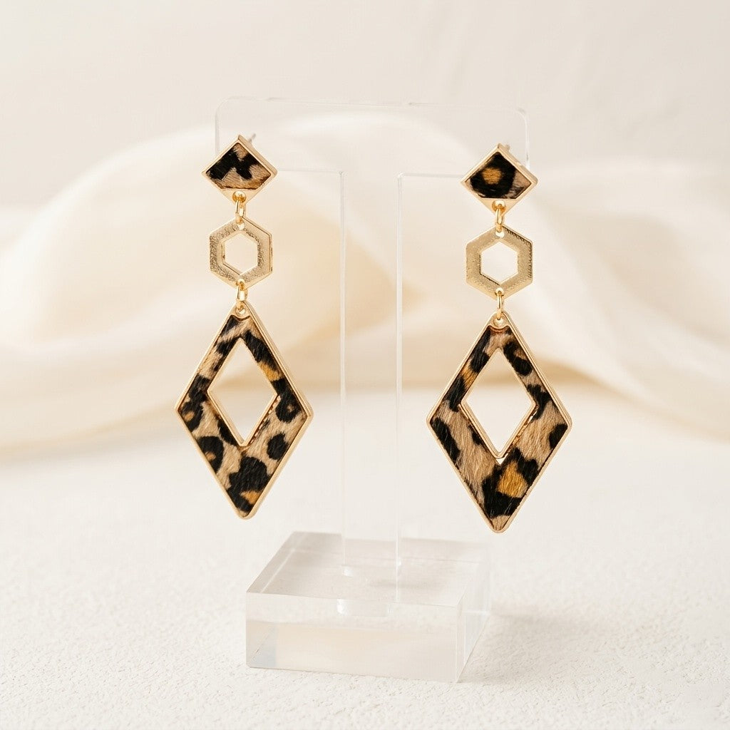 Leopard Print Geometric Hexagon Drop Earrings