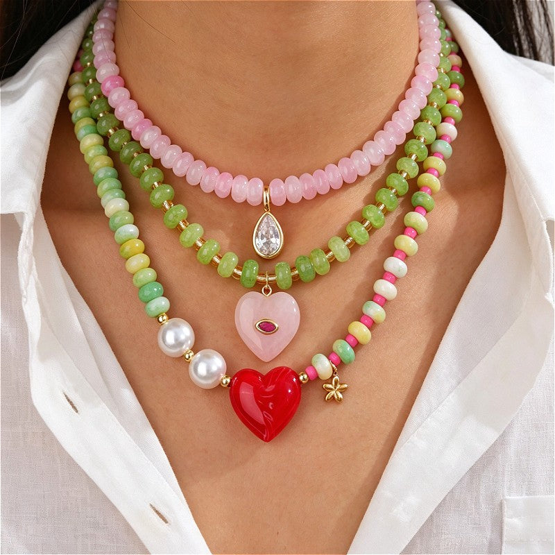 18k Layered Heart & Pearl Bead Necklace