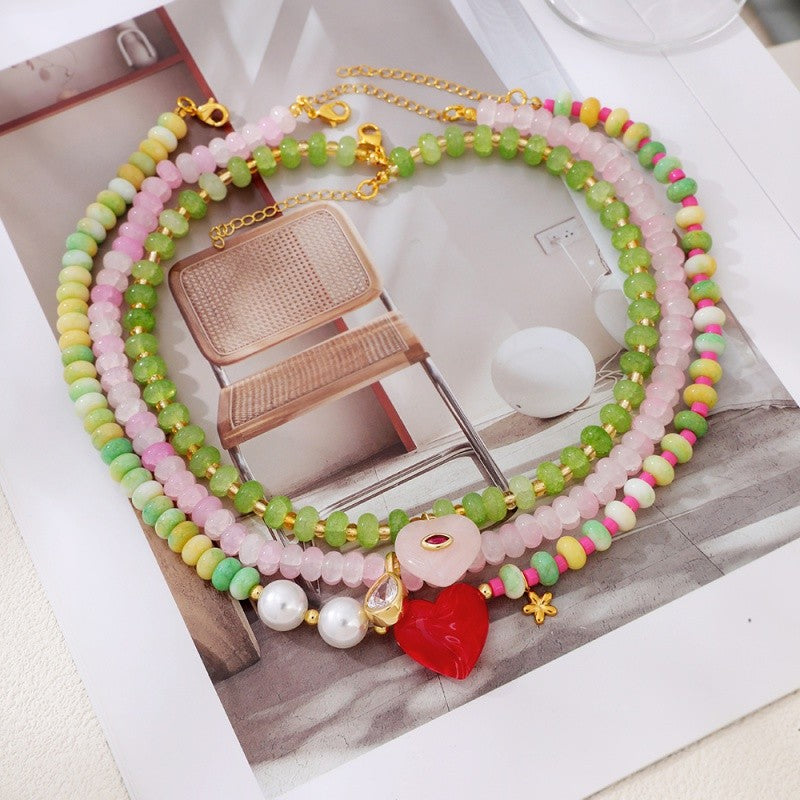 18k Layered Heart & Pearl Bead Necklace