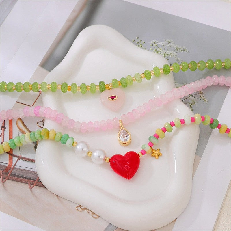 18k Layered Heart & Pearl Bead Necklace