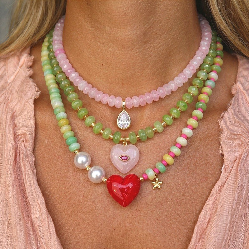 18k Layered Heart & Pearl Bead Necklace