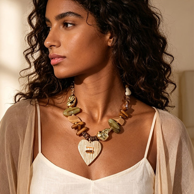 Boho Vintage Wood Heart Pendant Necklace
