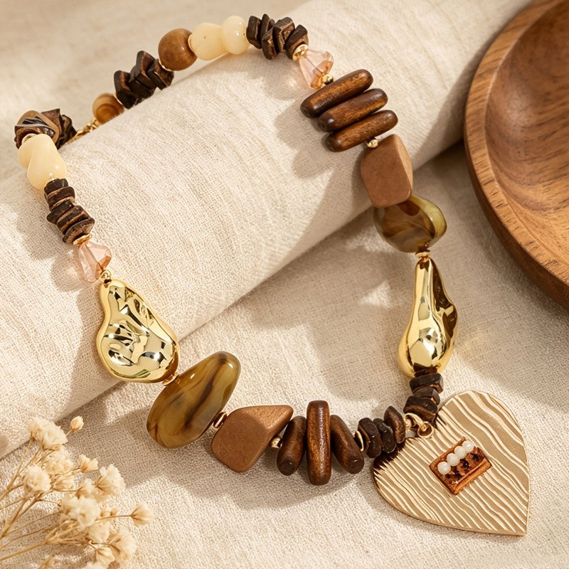 Boho Vintage Wood Heart Pendant Necklace