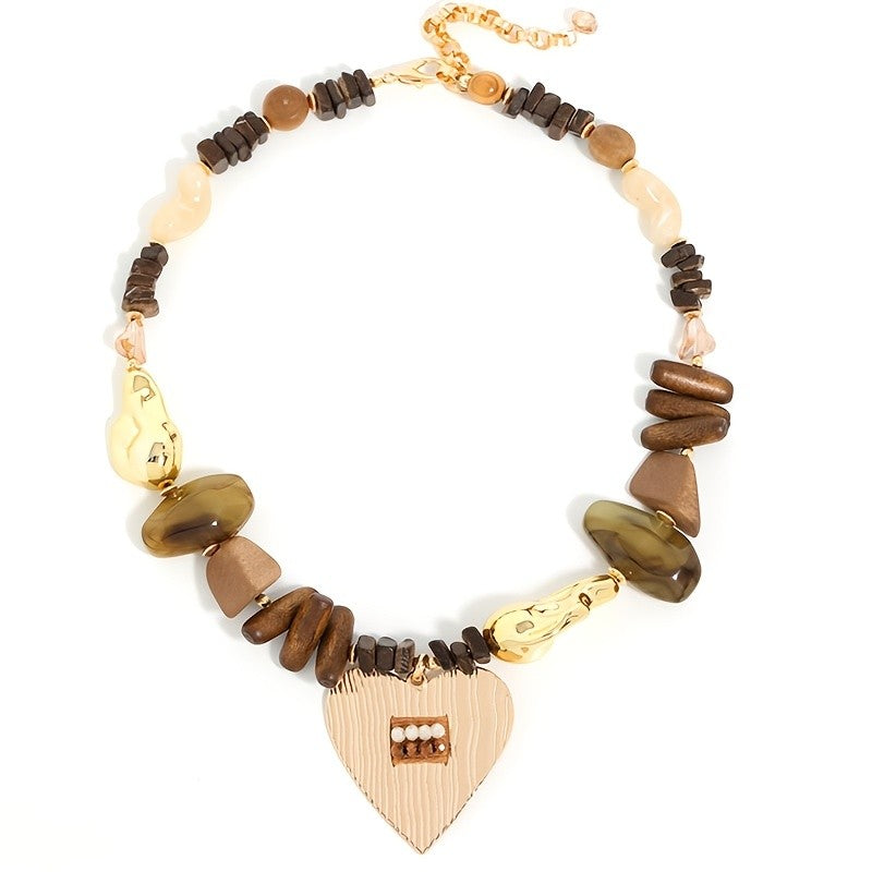 Boho Vintage Wood Heart Pendant Necklace
