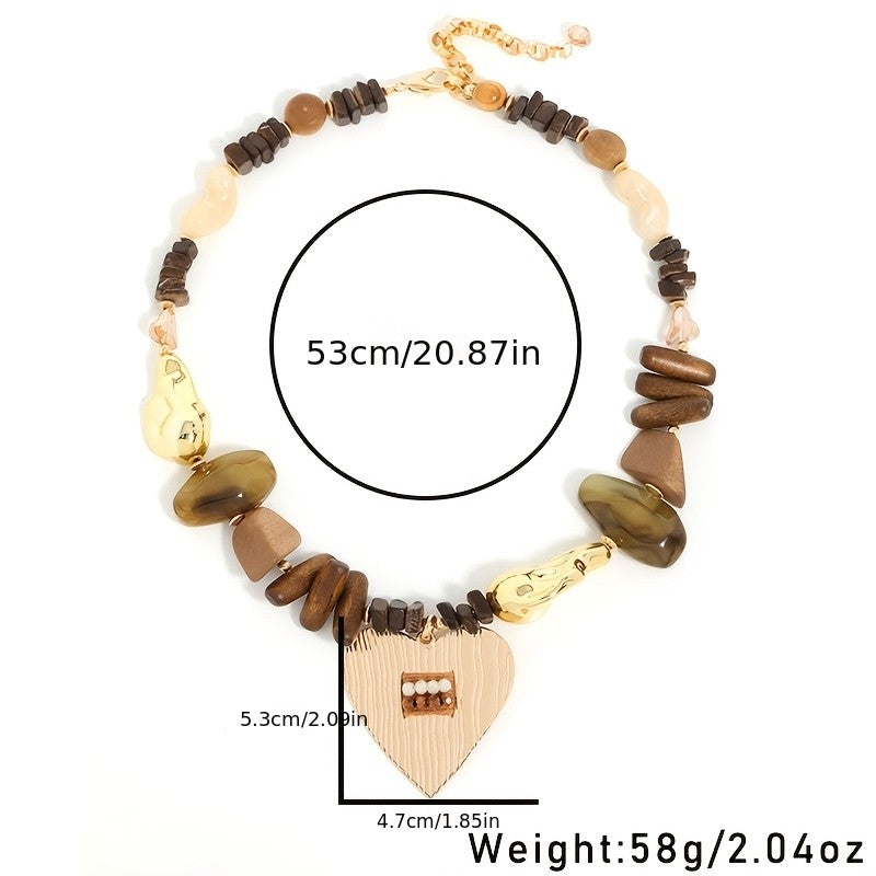 Boho Vintage Wood Heart Pendant Necklace