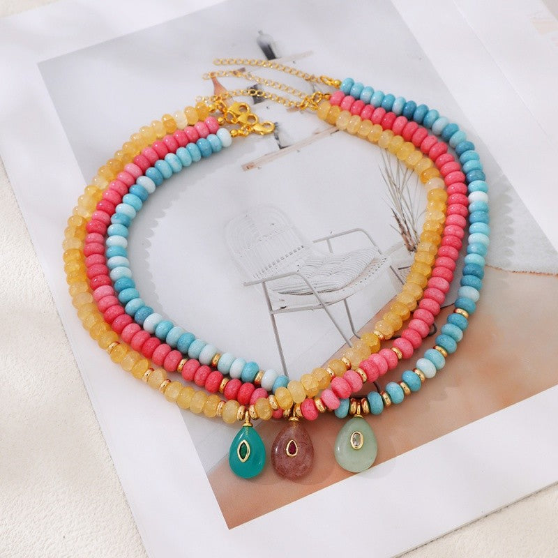 18k Boho Layered Natural Stone Water Drop Necklace