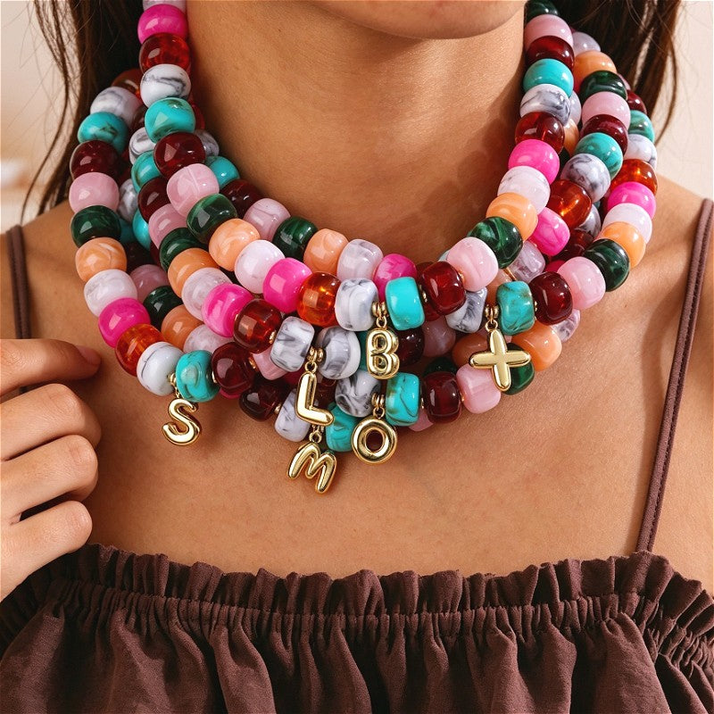 18k Boho Colorful Resin Bead Letter Necklace