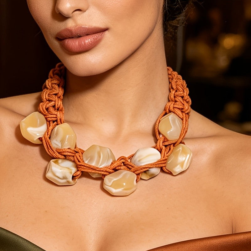 Boho Woven Amber Resin Collar Necklace