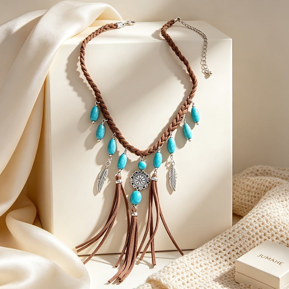 Boho Braided Turquoise Tassel Necklace