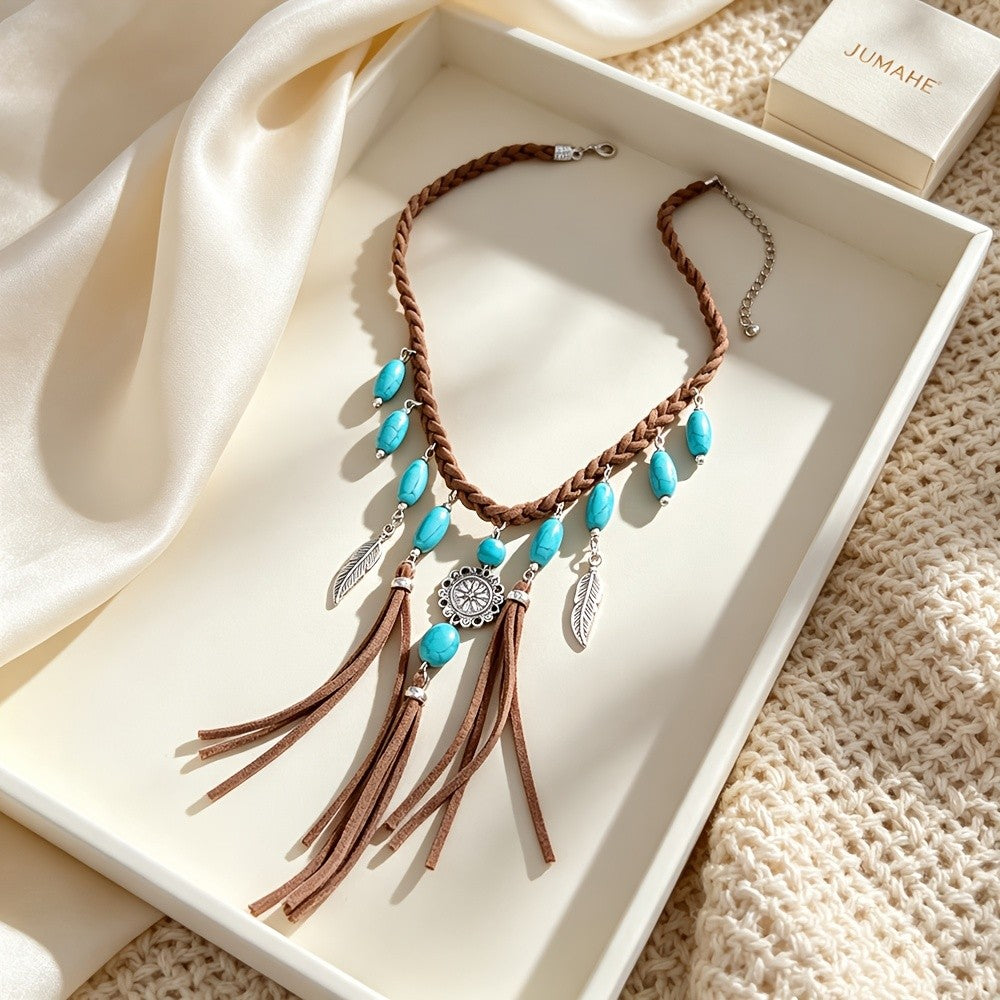 Boho Braided Turquoise Tassel Necklace