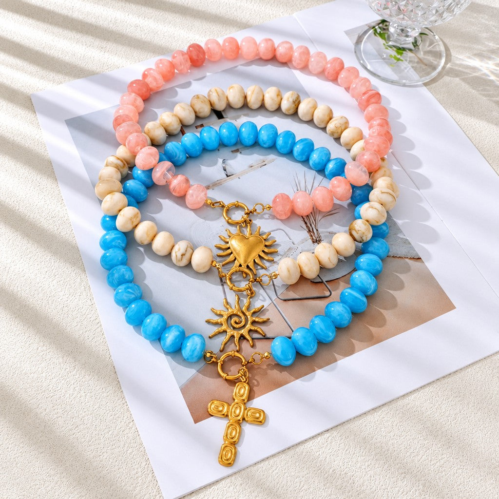 18k Boho Resin Beaded Sun Heart Cross Necklace