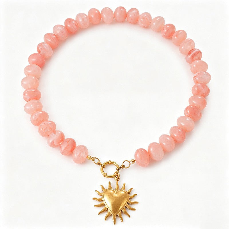 18k Boho Resin Beaded Sun Heart Cross Necklace