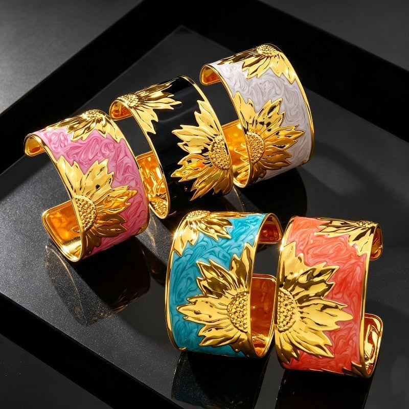 18k Boho Enamel Sunflower Open Cuff
