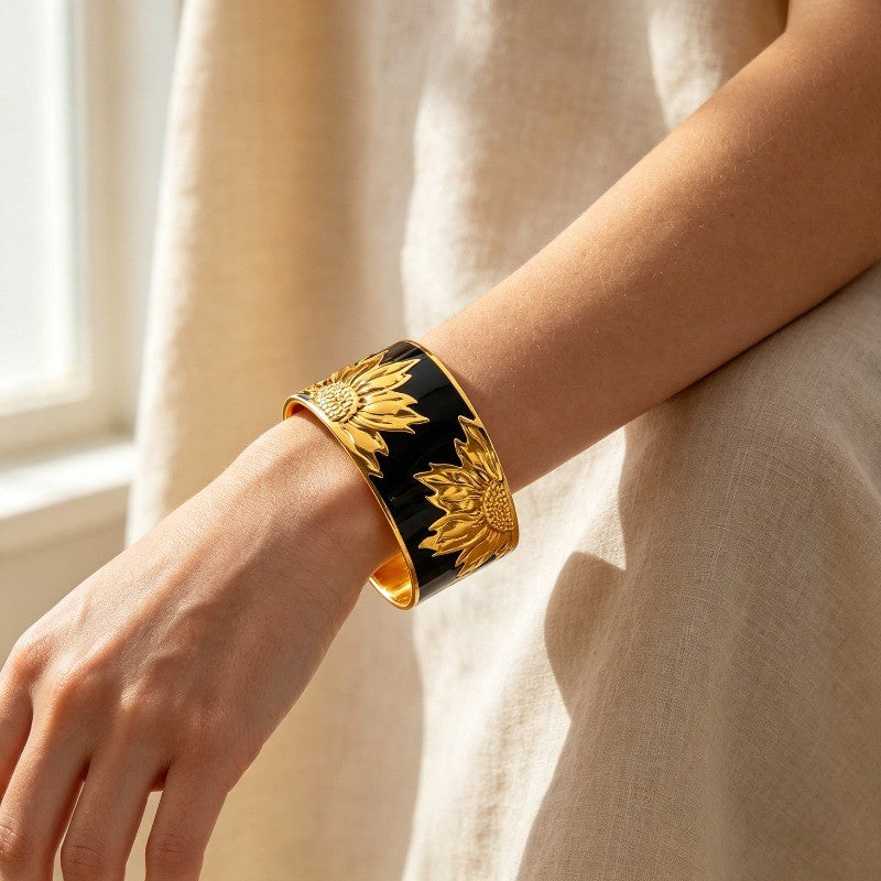 18k Boho Enamel Sunflower Open Cuff