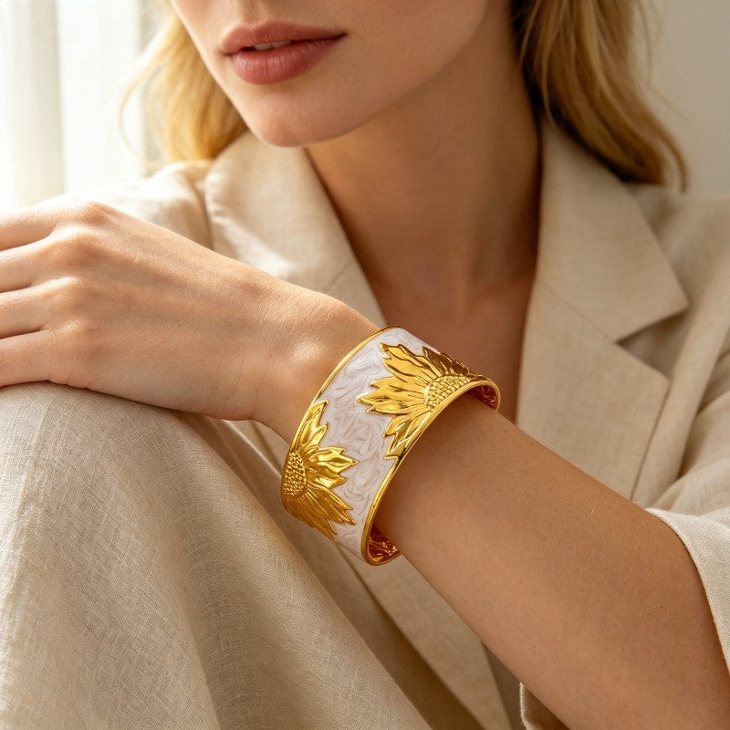 18k Boho Enamel Sunflower Open Cuff