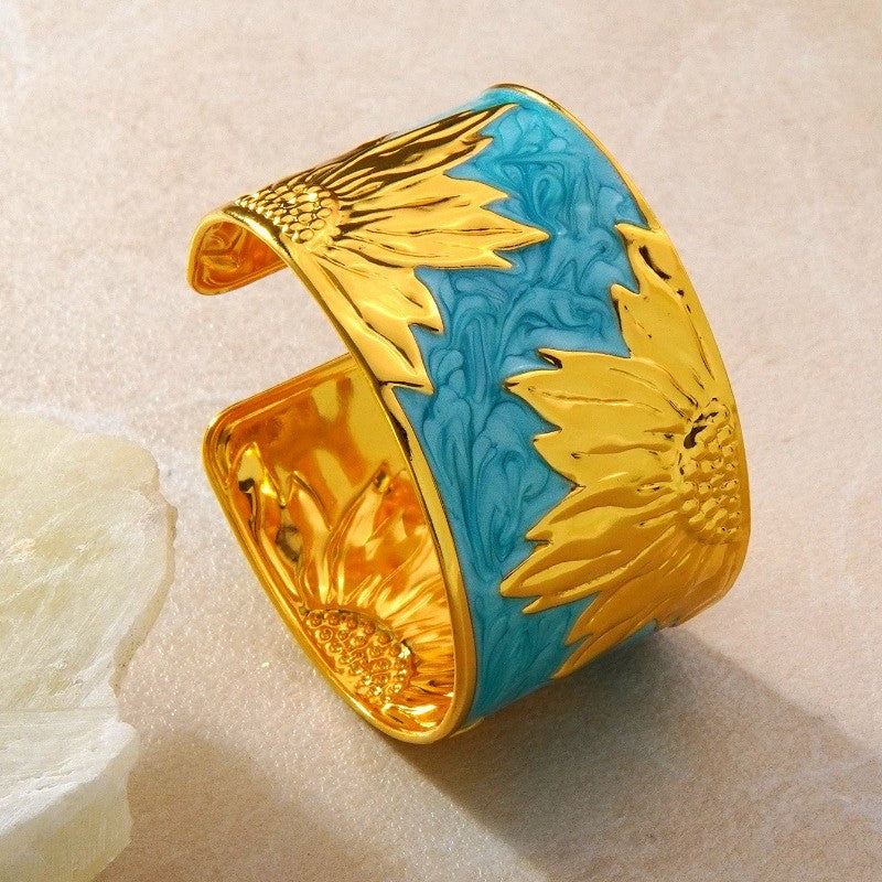 18k Boho Enamel Sunflower Open Cuff