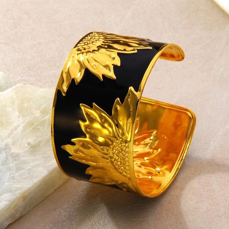 18k Boho Enamel Sunflower Open Cuff
