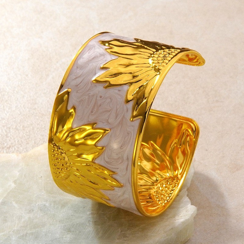 18k Boho Enamel Sunflower Open Cuff
