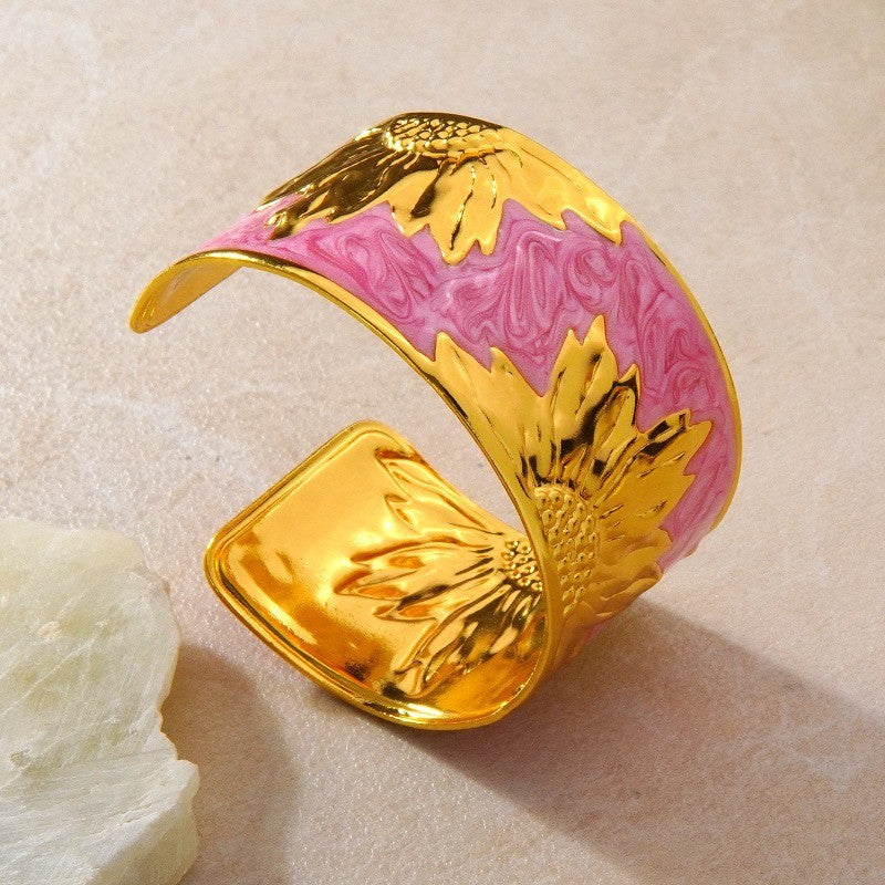 18k Boho Enamel Sunflower Open Cuff