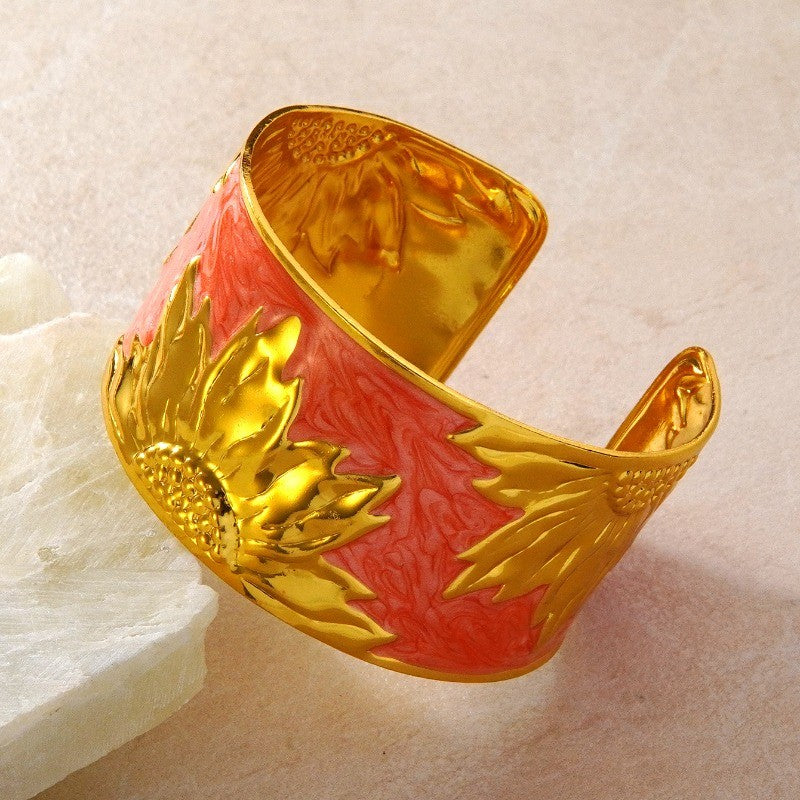 18k Boho Enamel Sunflower Open Cuff