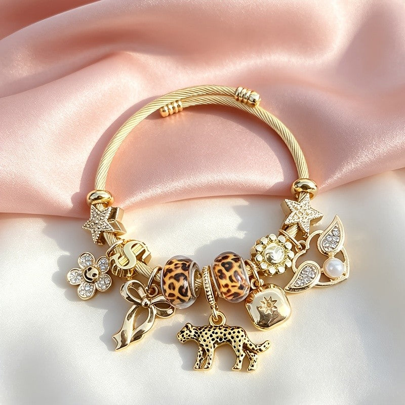 Boho Leopard Print Charm Bangle Bracelet