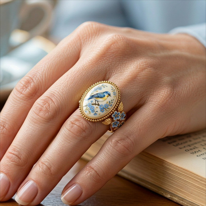 Romantic Floral Bird Cameo Ring