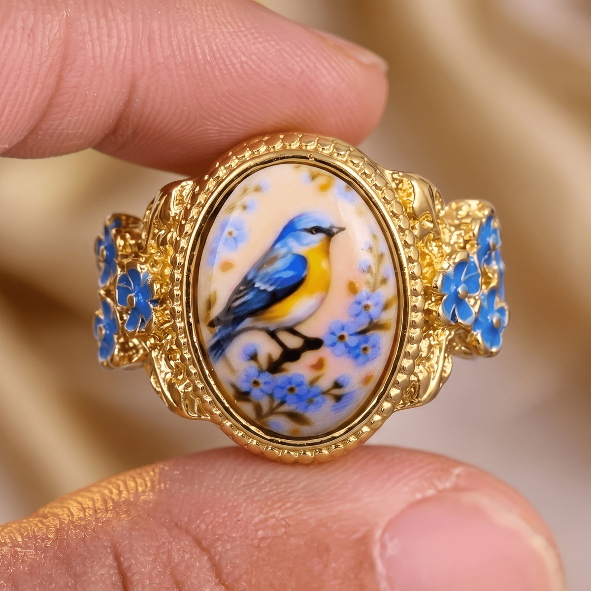 Romantic Floral Bird Cameo Ring