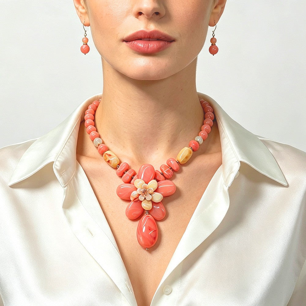 Romantic Pink Floral Acrylic Necklace & Earring Set