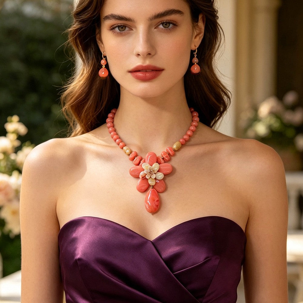 Romantic Pink Floral Acrylic Necklace & Earring Set