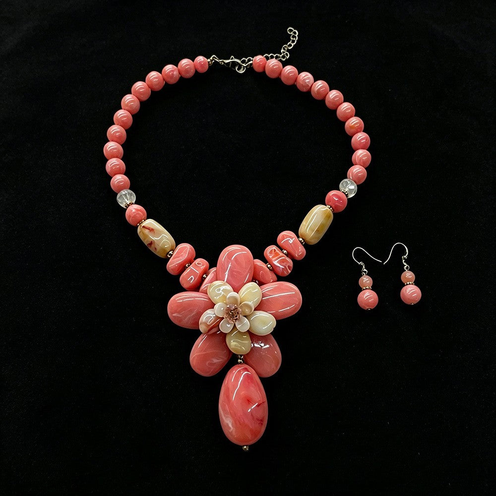 Romantic Pink Floral Acrylic Necklace & Earring Set