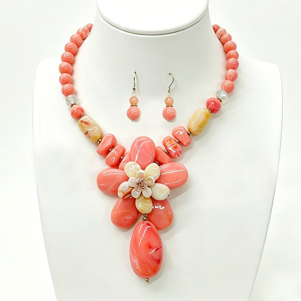 Romantic Pink Floral Acrylic Necklace & Earring Set